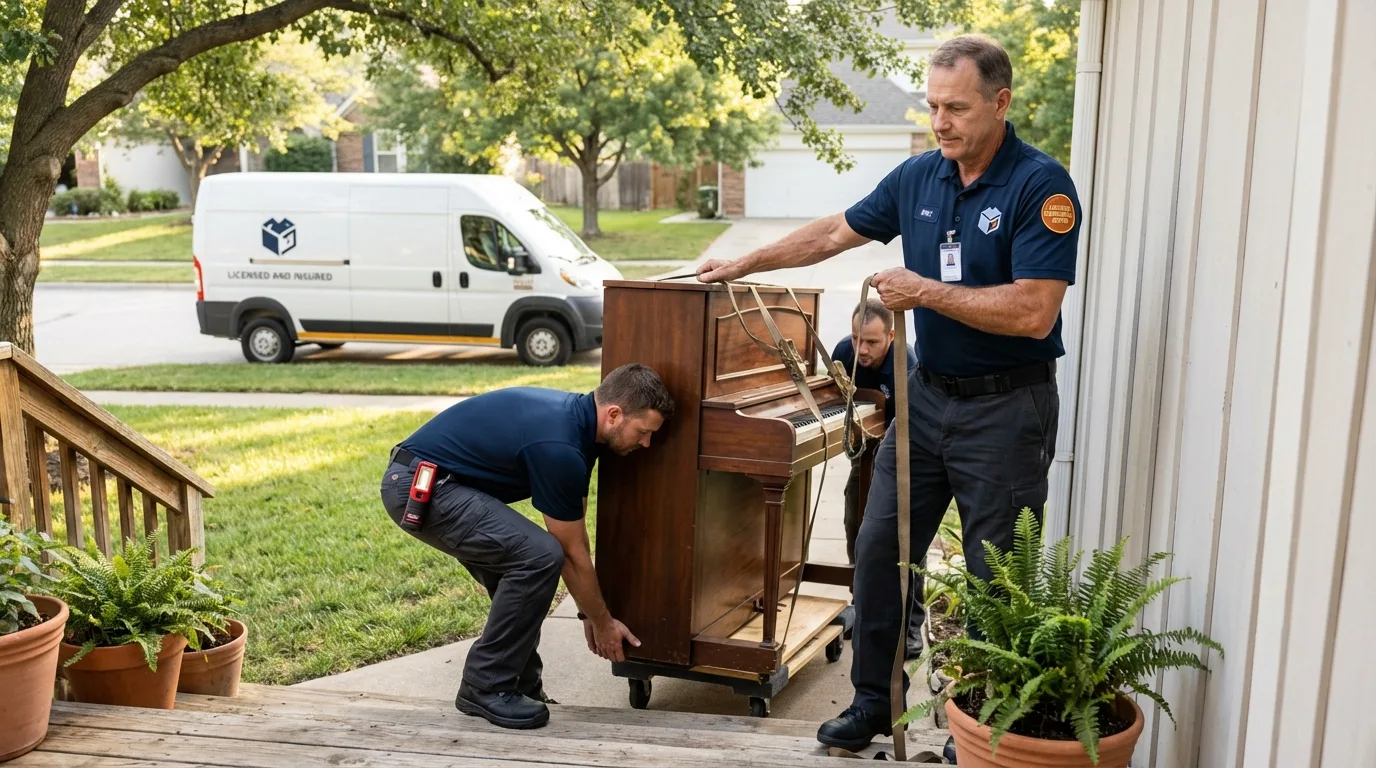 Licensed piano movers securing grand piano in Poseyville, IN